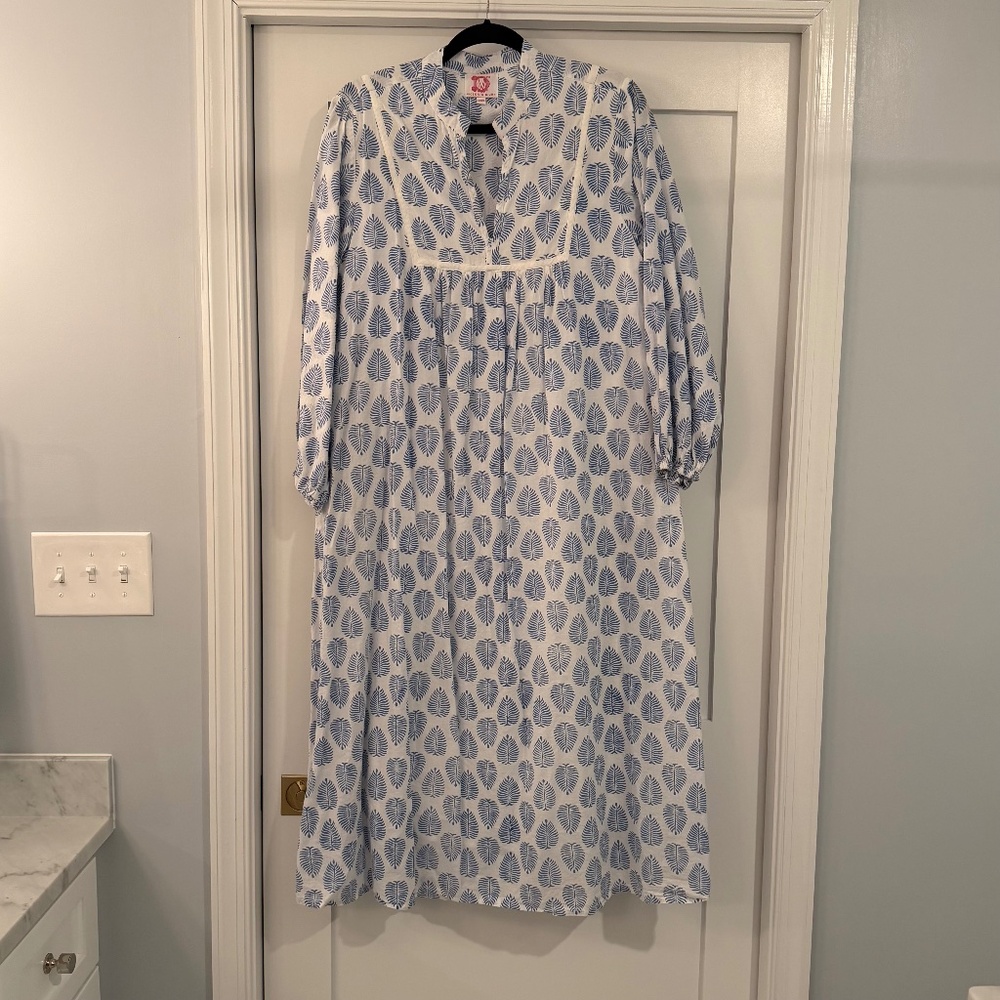 Victoria Dunn East Bay Maxi Dress Cotton Blockprint Blue White XS-M